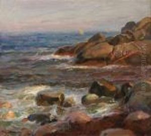 Sommer Ved Kysten Olje Pa Lerret Oppklebet Pa Plate by Thorolf Holmboe