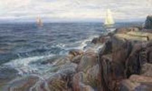 Seilbat Ved Kysten Olje Pa Lerret by Thorolf Holmboe