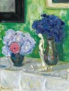 Oppstilling Med Blomstervaser Og Porselensfigur by Thorolf Holmboe