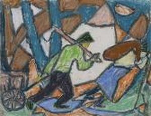 Holzel, Adolf: Lumberjacks In The Forest.pastel On Paper. Estate Stamp by Adolf Hoelzel