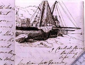 Vignette of fishing boats at Hastings a sketch in a letter to Michael Faraday by Harriet Jane Moore