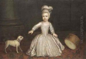 Portrait Of A Young Child, Full-Length, In A White Dress With A Dog And Drum Beside A Column, In An Interior by Philippe Mercier