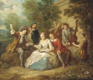 Elegant company playing music in a garden by Philippe Mercier