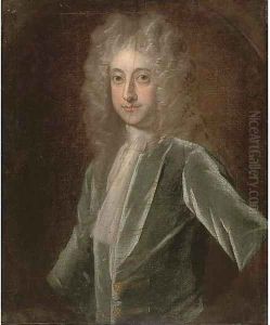 Portrait of a gentleman, half-length, in a green coat and white stock, feigned oval by Philippe Mercier