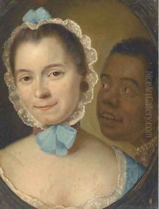 Portrait of a lady, bust-length, in a blue lace-trimed dress and cap, with a servant, feigned oval