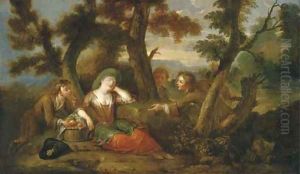 Three boys grabbing apples from a sleeping girl by Philippe Mercier