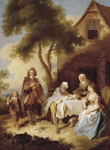 Minstrels performing for a couple at a table outside an inn