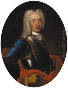 Portrait of a gentleman, half-length, in a blue coat, red wrap and breastplate by Philippe Mercier