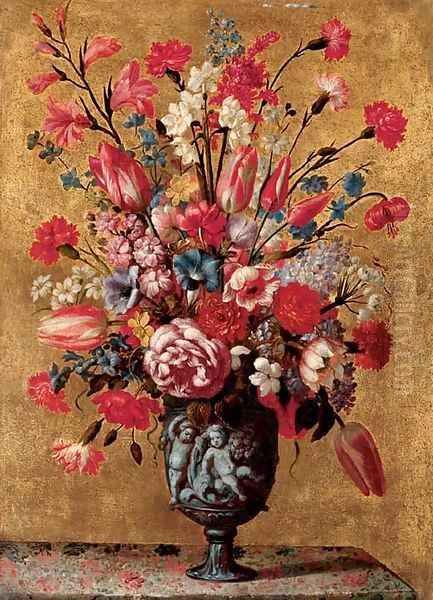 Tulips, carnations, roses, anemones, gladioli, lilac, morning glory and other flowers in a sculpted urn, on a tabletop - view 1
