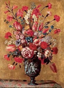 Tulips, carnations, roses, anemones, gladioli, lilac, morning glory and other flowers in a sculpted urn, on a tabletop by dei Fiori (Nuzzi) Mario