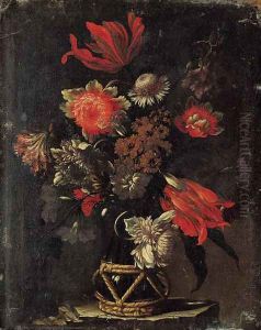 Parrot tulips, chrysanthemums, a thistle, and other flowers in a vase on a stone ledge by dei Fiori (Nuzzi) Mario