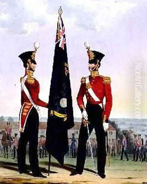Royal Marines Subalterns 2nd Lieutenant carrying Divisional Colours plate 15 from Costume of the Royal Navy and Marines - view 1