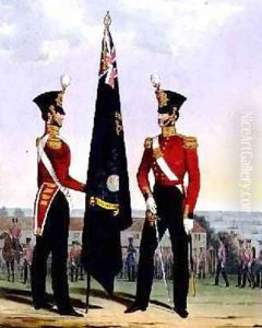 Royal Marines Subalterns 2nd Lieutenant carrying Divisional Colours plate 15 from Costume of the Royal Navy and Marines
