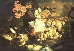 Still Life of Fruit and Flowers with a Duck Drake and Ducklings