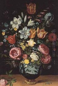 Still Life of Flowers in a Blue and White Vase by Philippe Morlier