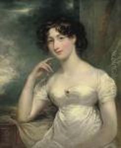Portrait Of A Lady, Half-length, In A White Dress, A Landscape Beyond by John Hoppner
