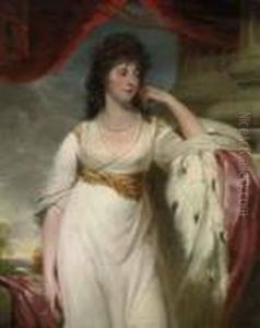 Portrait Of A Lady, Probably
Hyacinthe, Marchioness Of Wellesley(1766-1816), Three-quarter-length, In
A White Dress With Anermine-lined Cloak, By A Column by John Hoppner