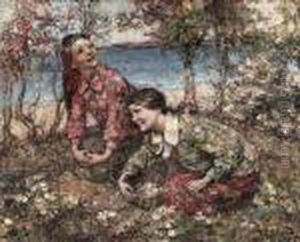 Two Girls Gathering Flowers At Brighouse Bay by Edward Atkinson Hornel