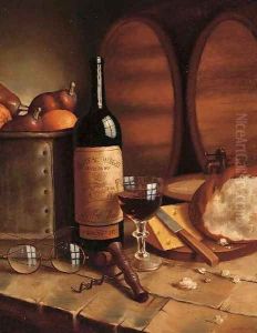 A bottle of Chateau Margaux, a goblet, fruit, bread, cheese and spectacles on a table
