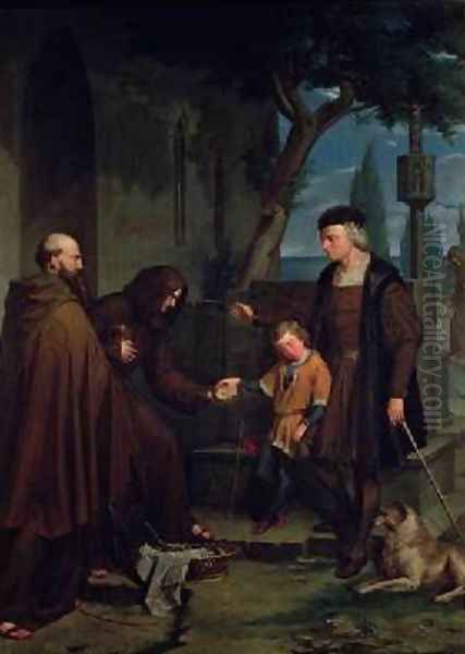Christopher Columbus at the gates of the monastery of Santa Maria de la Rabida with his son Diego giving bread and water 1858 - view 1