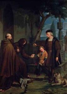 Christopher Columbus at the gates of the monastery of Santa Maria de la Rabida with his son Diego giving bread and water 1858