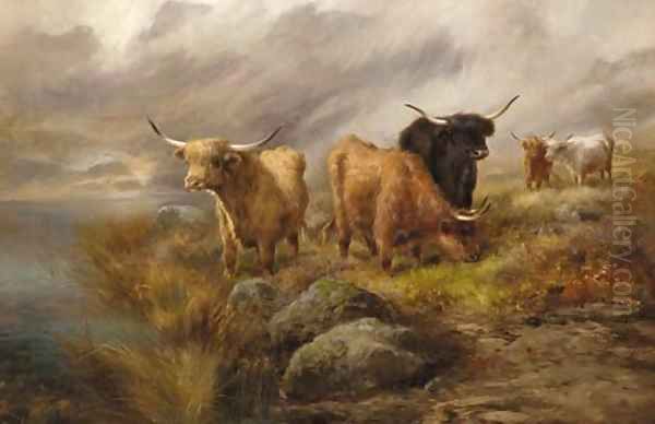 Highland cattle in a mountainous loch landscape - view 1