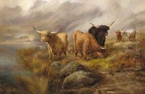 Highland cattle in a mountainous loch landscape by John Morris