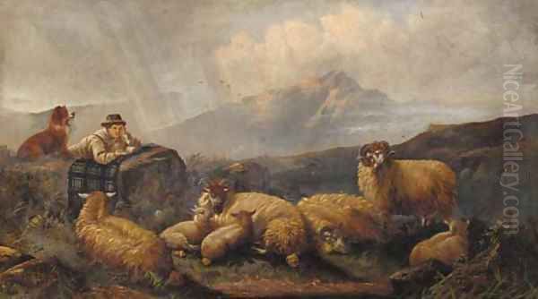 A shepherd and his flock in a Highland landscape - view 1