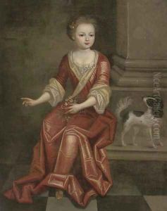 Portrait of a young girl, seated full-length, in a red dress, by a column, holding a sprig of jasmine in her left hand, a spaniel at her side