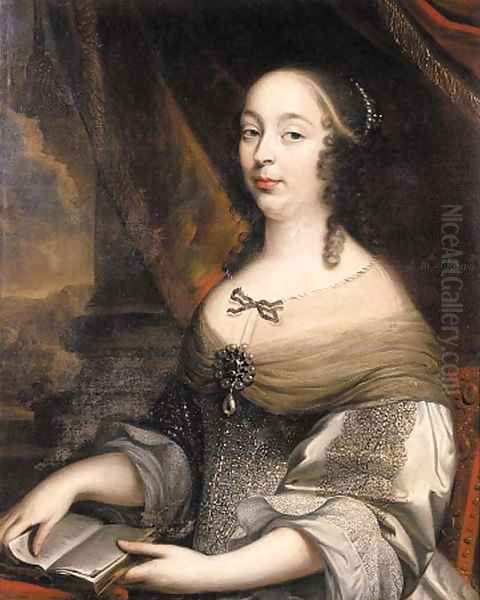 Portrait of a noblewoman said to be Charlotte de Louigny nee de Castelnau, seated half length on a terrace by a draped column, wearing a gold embroide - view 1