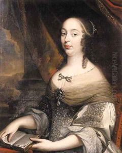 Portrait of a noblewoman said to be Charlotte de Louigny nee de Castelnau, seated half length on a terrace by a draped column, wearing a gold embroide by Mignard, Pierre II