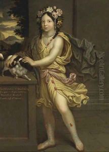 Portrait of Princess Electrice of Brandenberg, standing full-length, dressed as Flora, with a spaniel on a ledge to the side Portrait of Princess Electrice of Brandenberg, standing full-length, dressed as Flora, with a spaniel on a ledge to the side