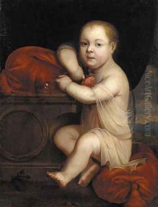Portrait of a child, full-length, wearing a chiton, blowing a soap bubble and holding a pink rose in his right hand Portrait of a child, full-length, wearing a chiton, blowing a soap bubble and holding a pink rose in his right hand