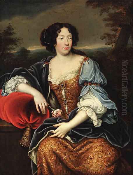 Portrait of a lady, seated, three-quarter-length, in a blue and gold brocade dress and an ermine lined wrap, a wooded landscape beyond - view 1