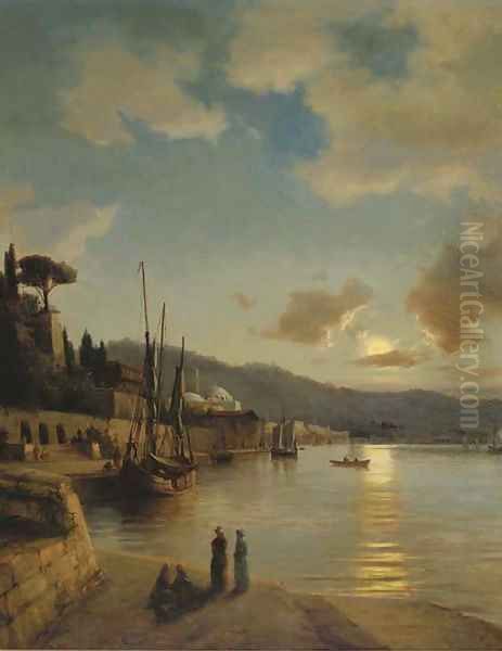 An oriental harbour by moonlight - view 1