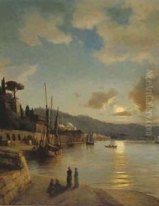 An oriental harbour by moonlight