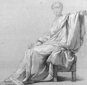 A seated draped man pointing to the right by Jean Guillaume Moitte
