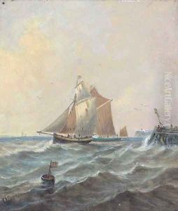 Fishing schooners coming out of port, possibly Newhaven by John Moore Of Ipswich