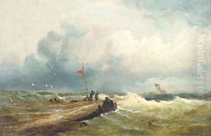 Windswept figures on a jetty looking out to sea by John Moore Of Ipswich