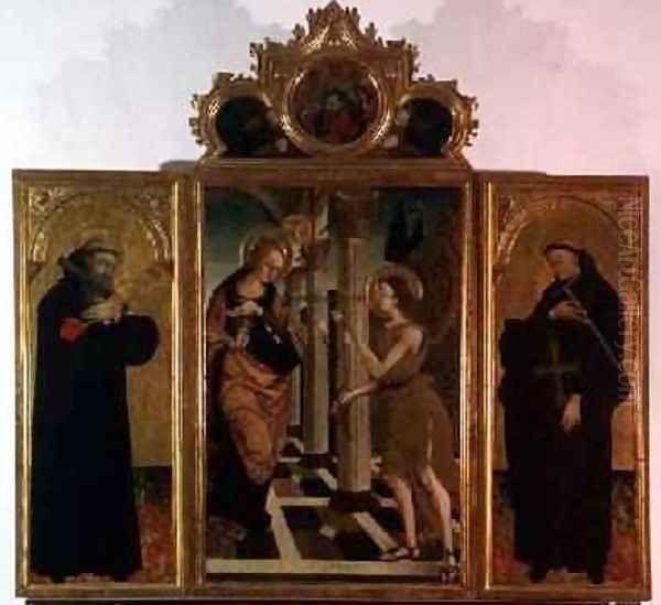Triptych central panel depicting the Annunciation with God above and side panels bearing the figures of two saints - view 1