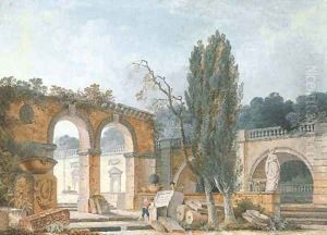 The courtyard of a ruined classical villa by Antoine Pierre Mongin