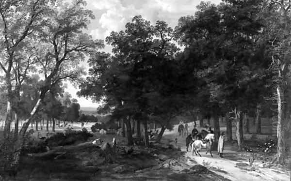 An extensive wooded landscape with huntsmen pausing on a track - view 1