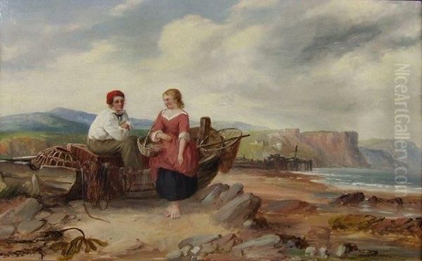 Beach Scene With Young Fisherfolk By Afishing Boat With Cliffs To Background - view 1