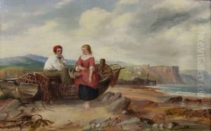 Beach Scene With Young Fisherfolk By Afishing Boat With Cliffs To Background by George Houston