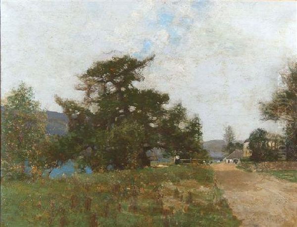 A Pastoral Scene With Lady
Seated Upon A Fence By A Pathway With Mountains In The Distance - view 1