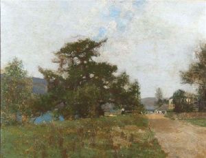 A Pastoral Scene With Lady 
Seated Upon A Fence By A Pathway With Mountains In The Distance