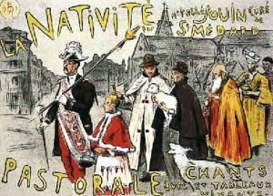 Reproduction of a poster advertising a Nativity with songs and living pictures by Etienne Moreau-Nelaton
