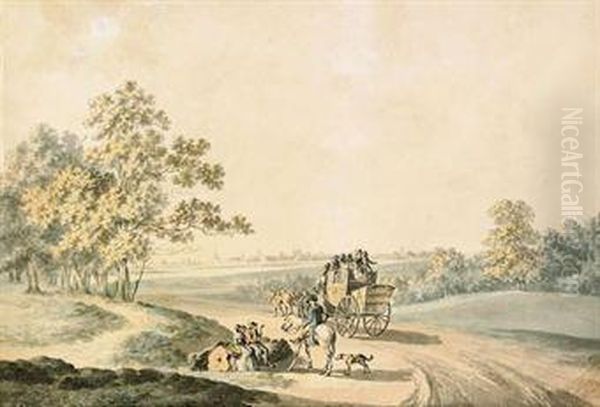 A Crowded Stagecoach Making Its Way Towards Oxford - view 1