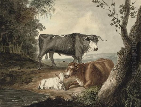 A Bull, A Cow And Calf In An Extensive Landscape - view 1