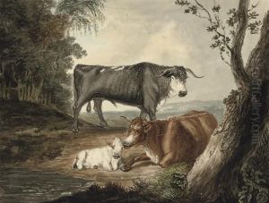 A Bull, A Cow And Calf In An Extensive Landscape